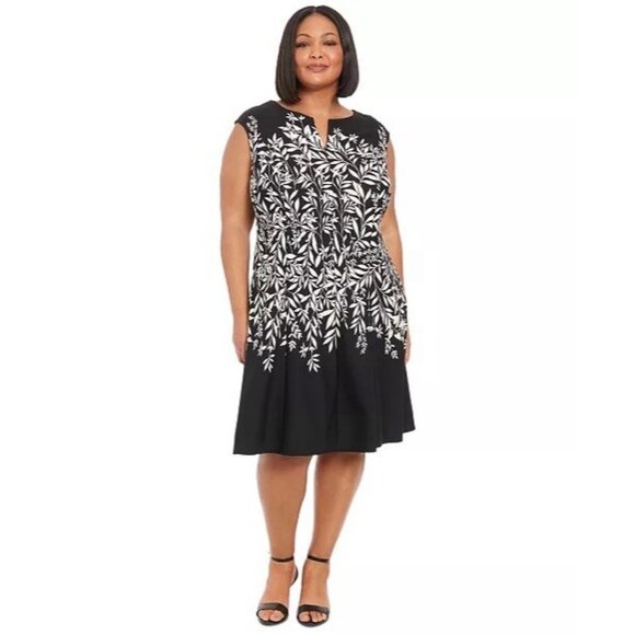 New London Times Plus Size 24 Black Cream Floral Split-Neck Fit & Flare Dress - Picture 1 of 11